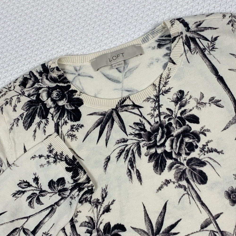 Ann Taylor Loft Floral Sweater Women's Small Cream Black 100% Cotton 3/4 Sleeve